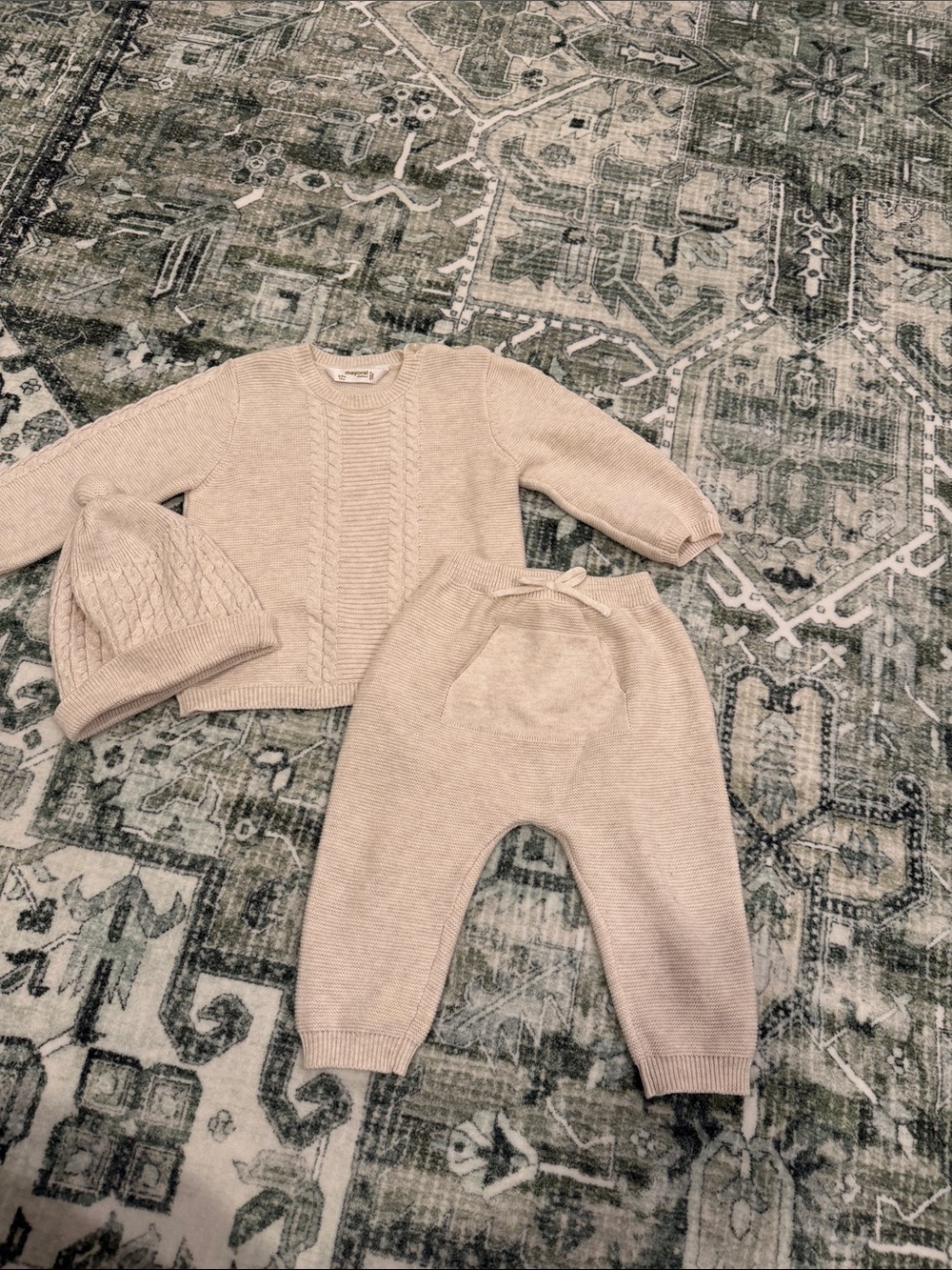 MAYORAL Cozy Knit Baby Set with Cable Sweater, Pants & Beanie - Neutral Beige
